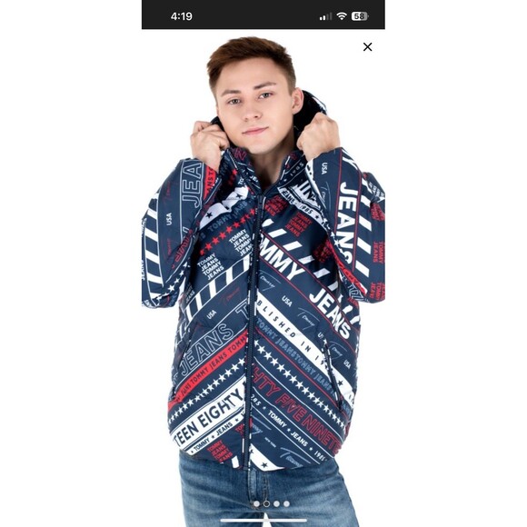 Tommy Jeans Hooded All-Over Logo Down Puffer Jacket Size Large NWOT - Picture 3 of 8